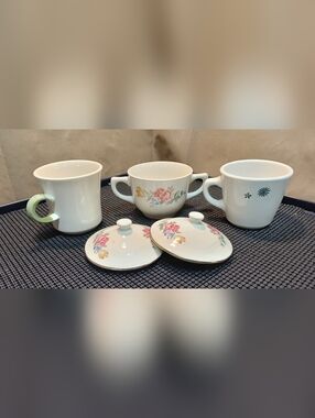 Homer Laughlin white porcelain Sugar Bowl W Extra Lid And 2 Coffee Mugs